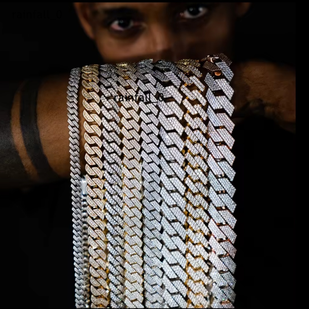 14MM Moissanite Cuban Chain 925 Sterling Silver Moissanite Cuban Link Chain Punk Cuban Chain Hip Hop Silver Necklace Bracelets