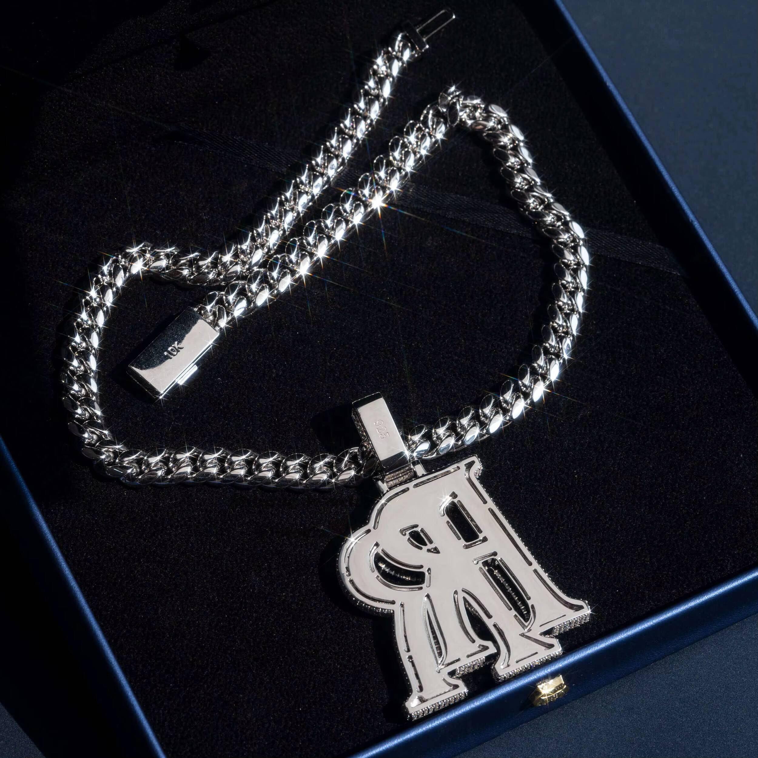 18K WhitePlating 25 Iced Out VVS Moissanite Pendant Hip Hop Rapper Jewelry Double R Initial Pendant With Cuban Chain