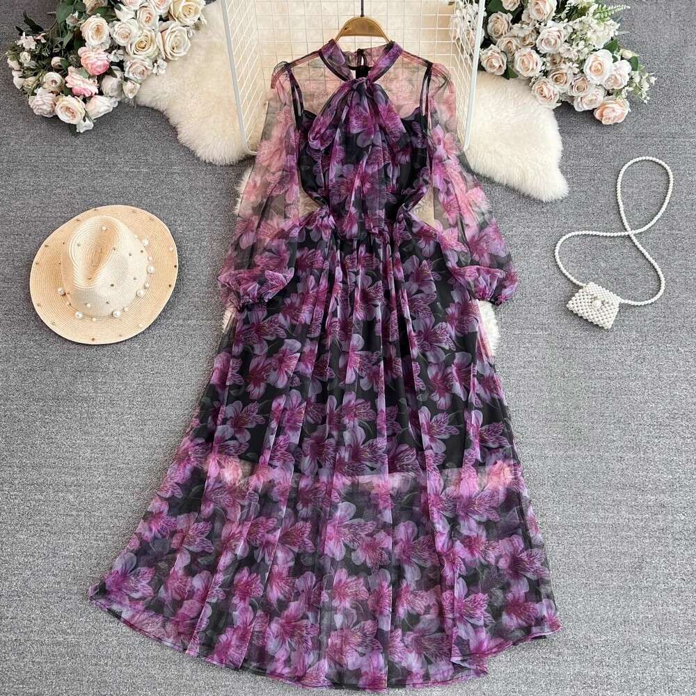 2026 Designer Social Celebrity Style Long Sleeve Collar End Waist Slimming A-line A15 Printed Chiffon Dress Long Skirt