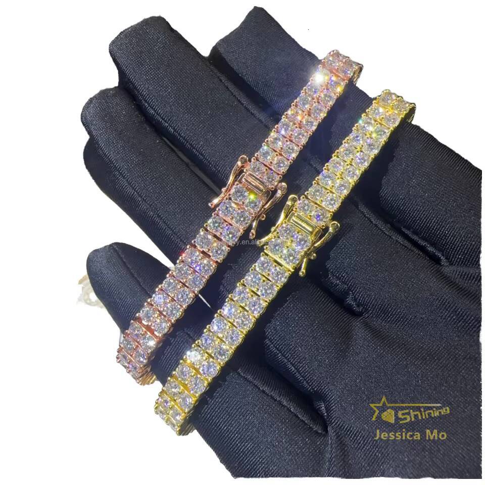 New Arrivals S925 Solid Silver Gold Plated Trendy Tennis Bracelet Two Rows 3mm Wedding VVS1 Moissanite Iced GRA Party Gifts