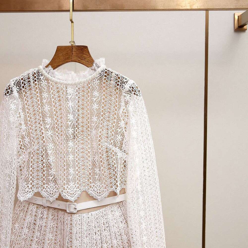 2026 Autumn/Winter New Elegant High end Social Style Heavy duty Water soluble Lace Fake Two piece Waist Dress Short Skirt