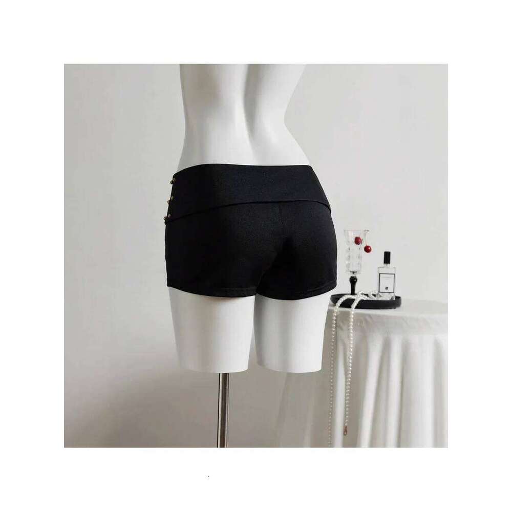 Women Y2K Low Waist Studded Fold Over Rivet Shorts Slim Fit Boxer Short Rave Mini Bottoms XJ260306
