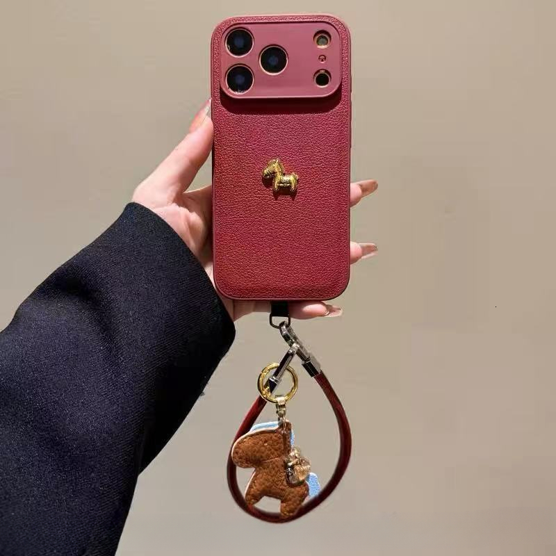 New Year Red Little Golden Horse Compatible iPhone 17 Max Phone Case Apple 16/15 Pro Lychee Pattern 14 with Lanyard