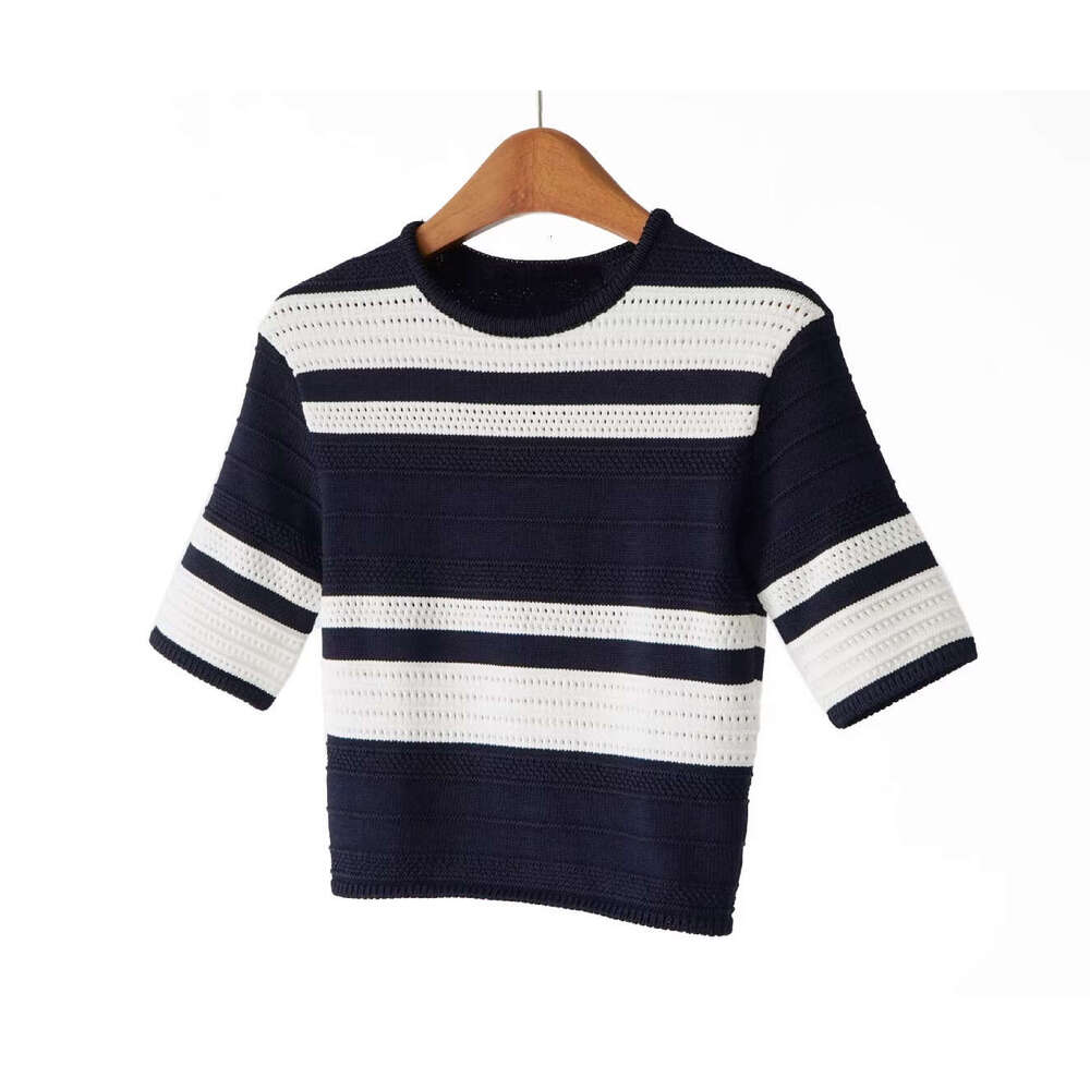 2026 Spring and Summer New Designer Multi functional Color Block Striped Round Neck Short Sleeve Knitted Top