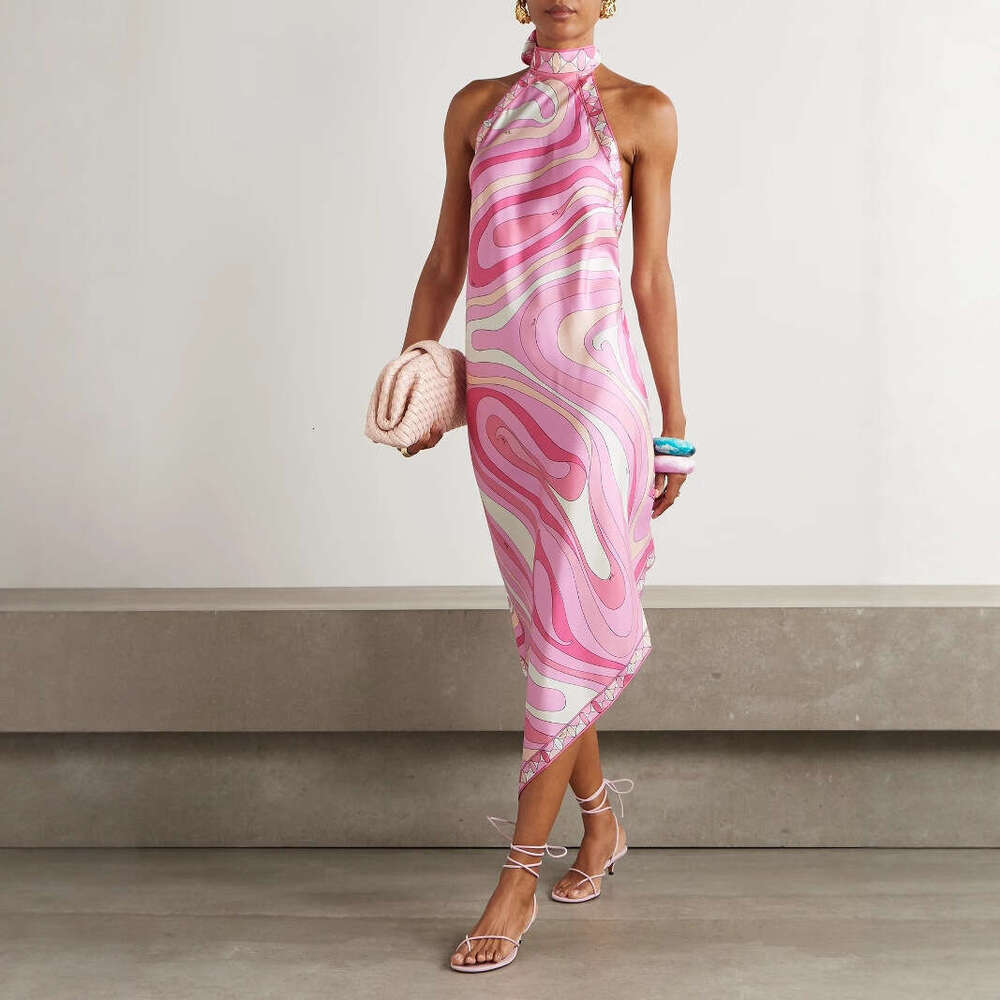 New Summer European and American Sexy Halter Neck Backless Printed Satin Vacation Beach Dress for Women