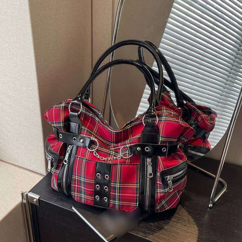 Women Versatile Plaid Tote Multiple Pockets Rivet Motorcycle Stylish Metal Stud Underarm Bag Commute Handbag XJ260306