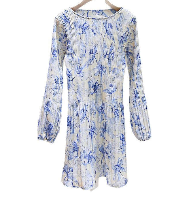 2026 Spring and Summer New French style Small Fragrant Round Neck Folded Long Sleeve Printed Slimming Dress for Women