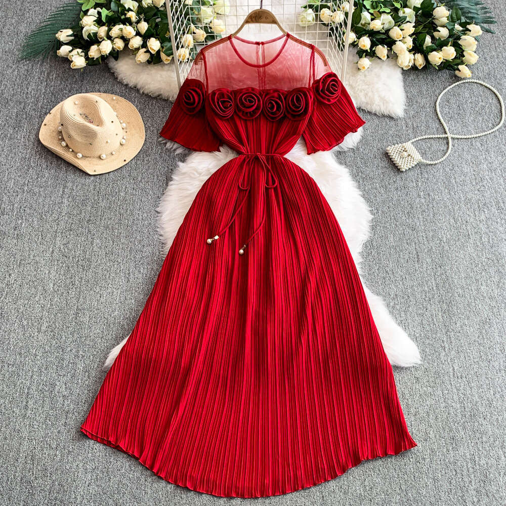 Elegant and exquisite long sleeved three-dimensional floral detail tie waist women's slim fit A-line pleated skirt 2026 spring