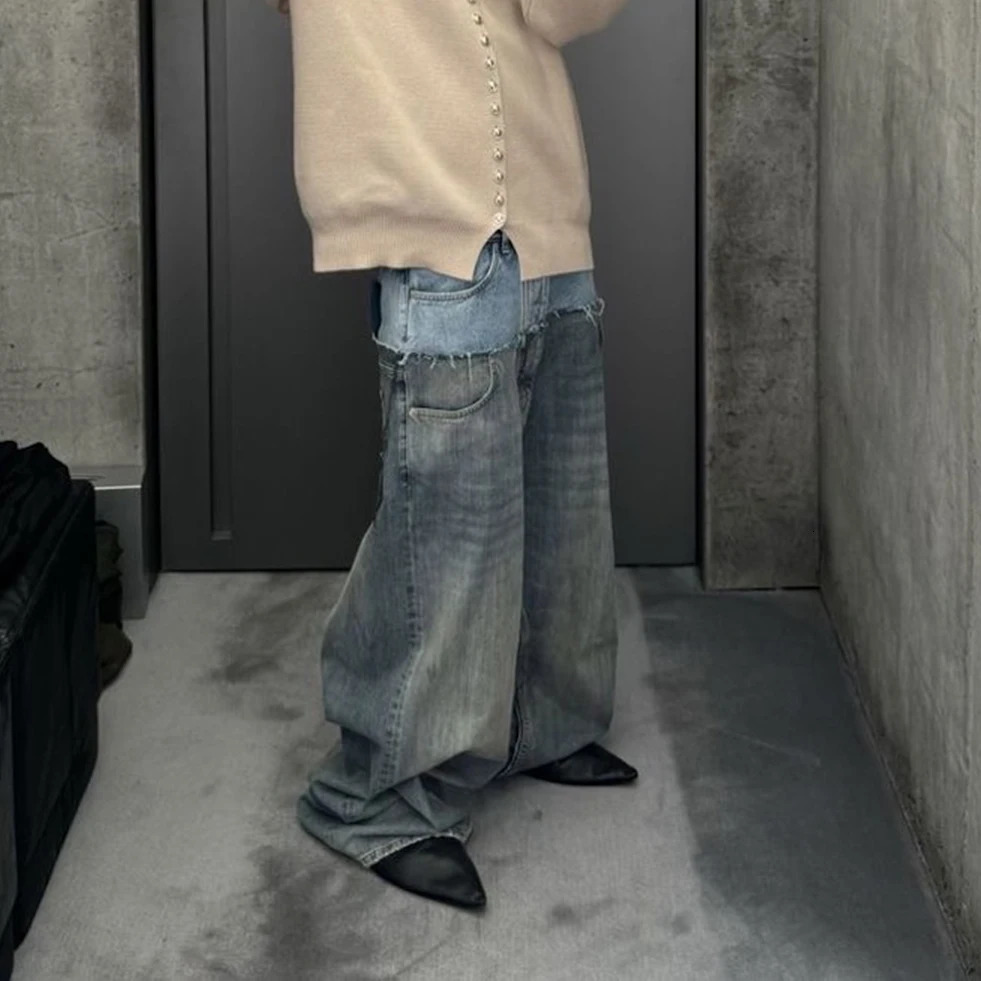 CUT-UP Double-layer Double Waist Patchwork Baggy Jeans for Men and Women Straight Casual Loose Denim Trousers Oversized 260227