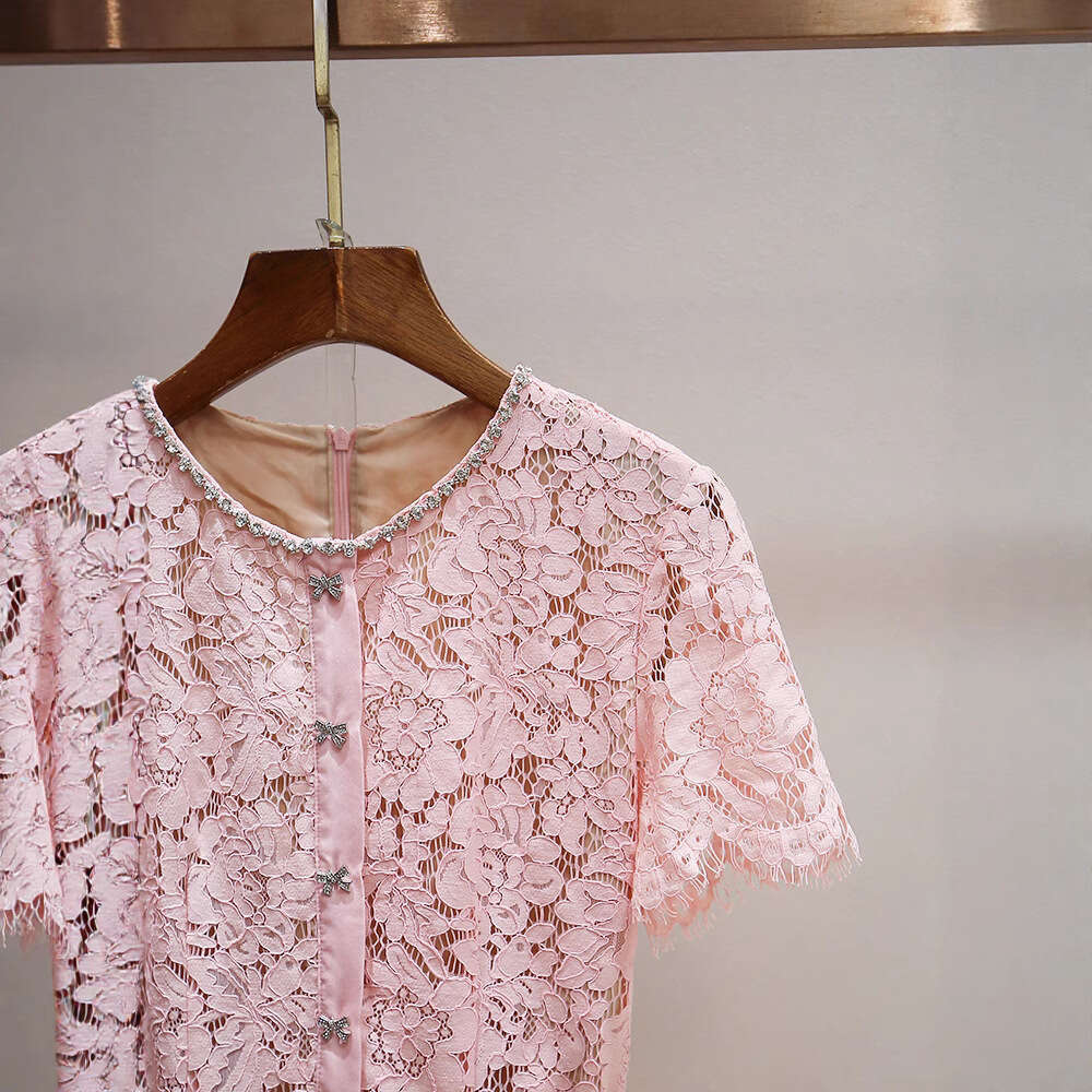 2026 Spring and Summer New High end Pink Thick Lace Beaded Round Neck Short Sleeve A-line Mermaid Dress