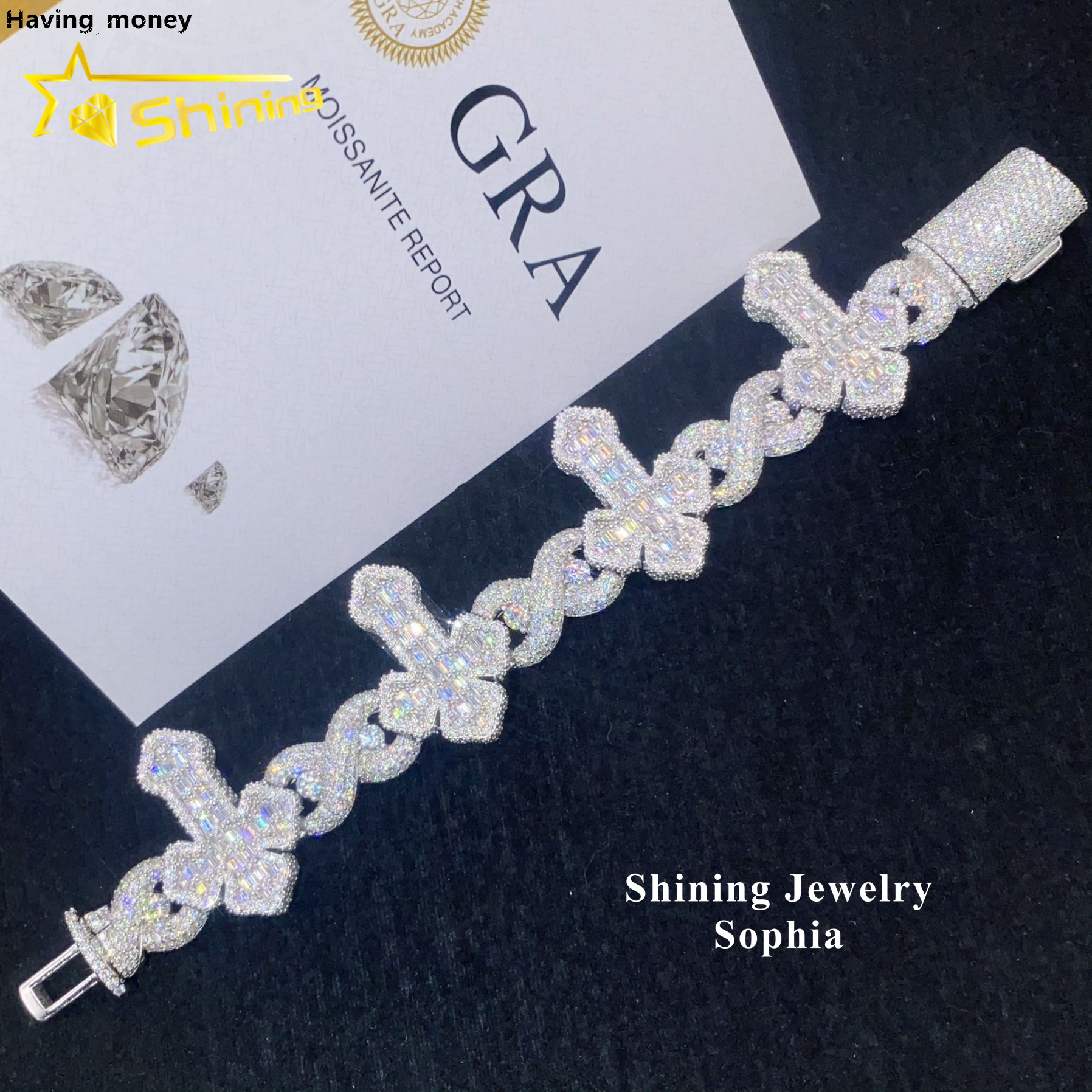 Wholesale Price S925 Sterling Silver Hip Hop Iced Out Men Jewelry Cross Cuban Link Bracelets Moissanite Cuban Bracelet