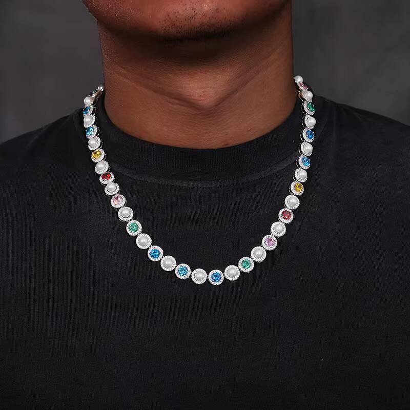 Exquisite Trendy White Gold Plated 925 Pure Silver Freshwater Pearl Necklace Round Colorful Zirconia Hola Tennis Necklace