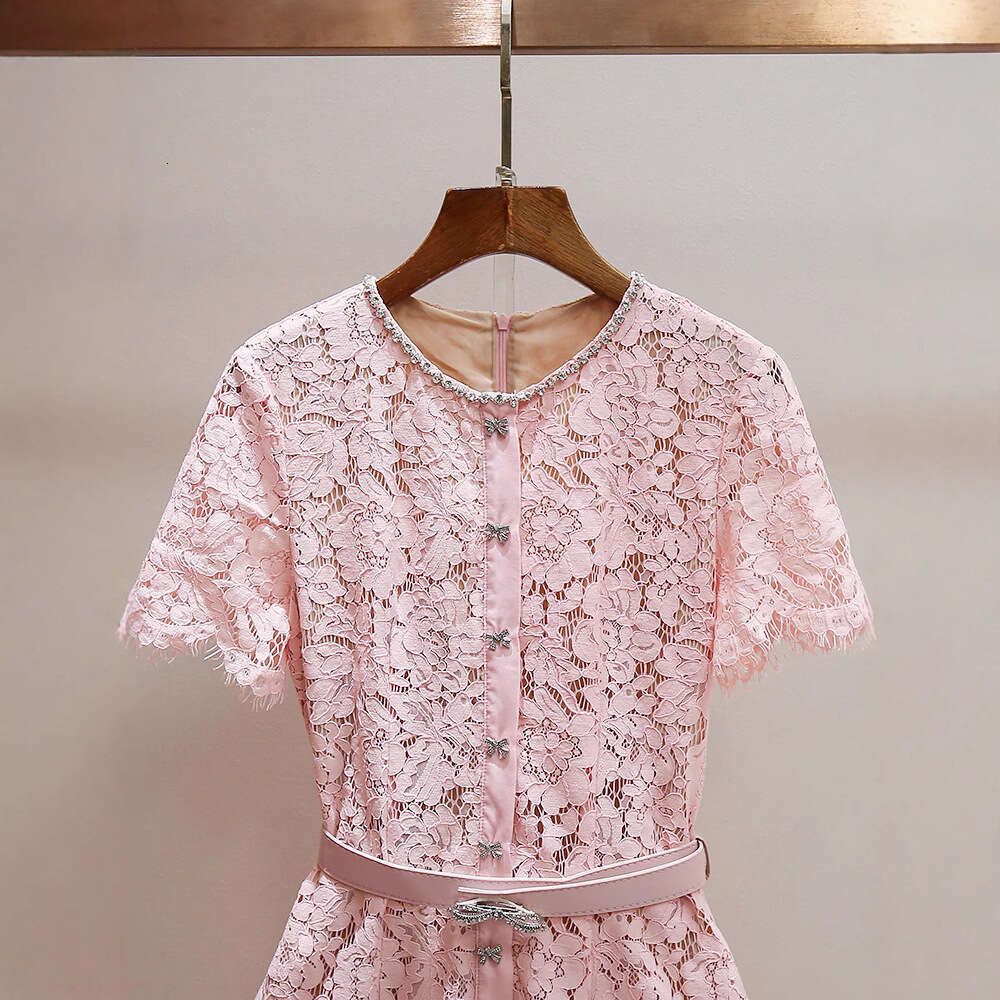 2026 Spring and Summer New High end Pink Thick Lace Beaded Round Neck Short Sleeve A-line Mermaid Dress