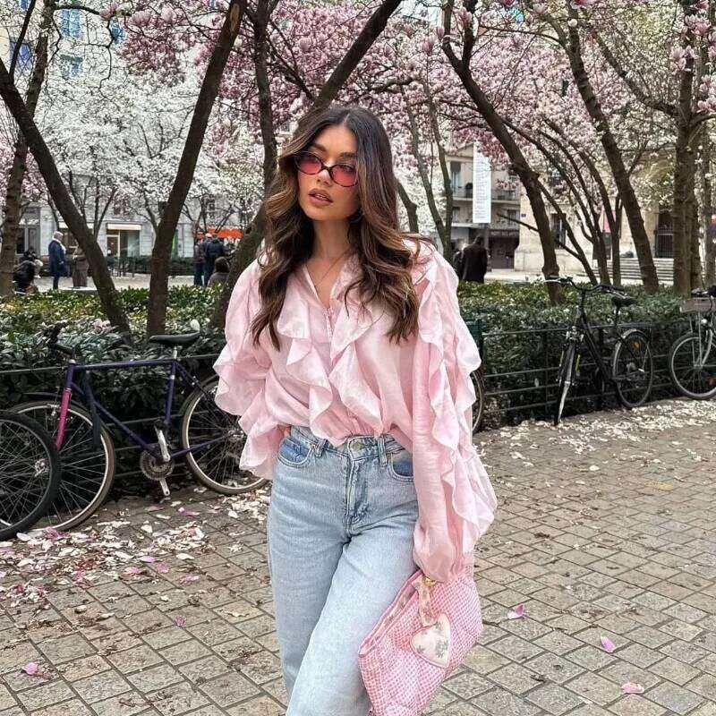 Spring 2026 Elegant V-Neck Blouse Single-Breasted Long Sleeves Laminated Decorative Solid 2Color Shirt Women Clothes AKIKIYU