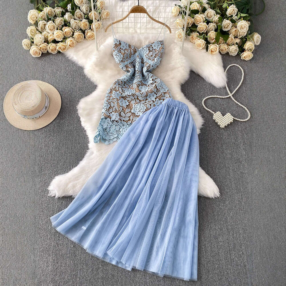 2026 high-end elegant water-soluble lace vest short skirt two-piece set high waist slim fit elegant mesh half skirt