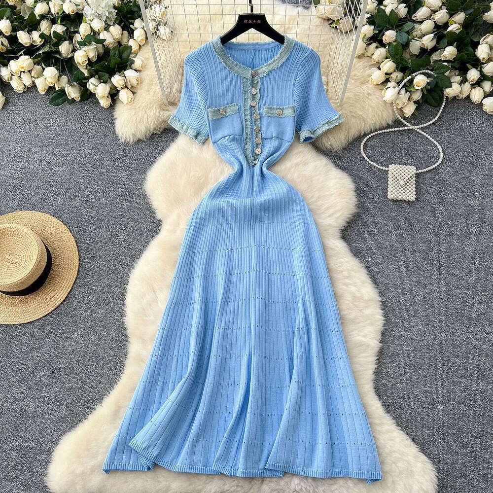 2026 designer's fashionable elegant denim patchwork dress with short sleeves, waist cinching, and knitted long sleeves