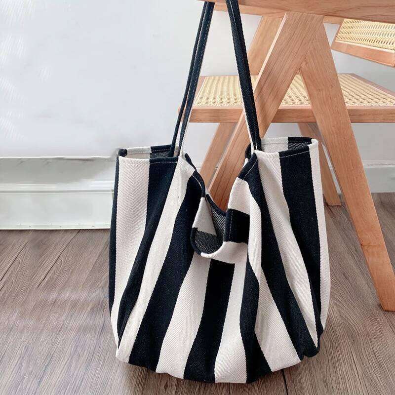 Large Capacity Canvas Top Handle Women's Summer Stripe Simple Ladies Casual Handbag Outdoor Shoulder Bag XJ260306
