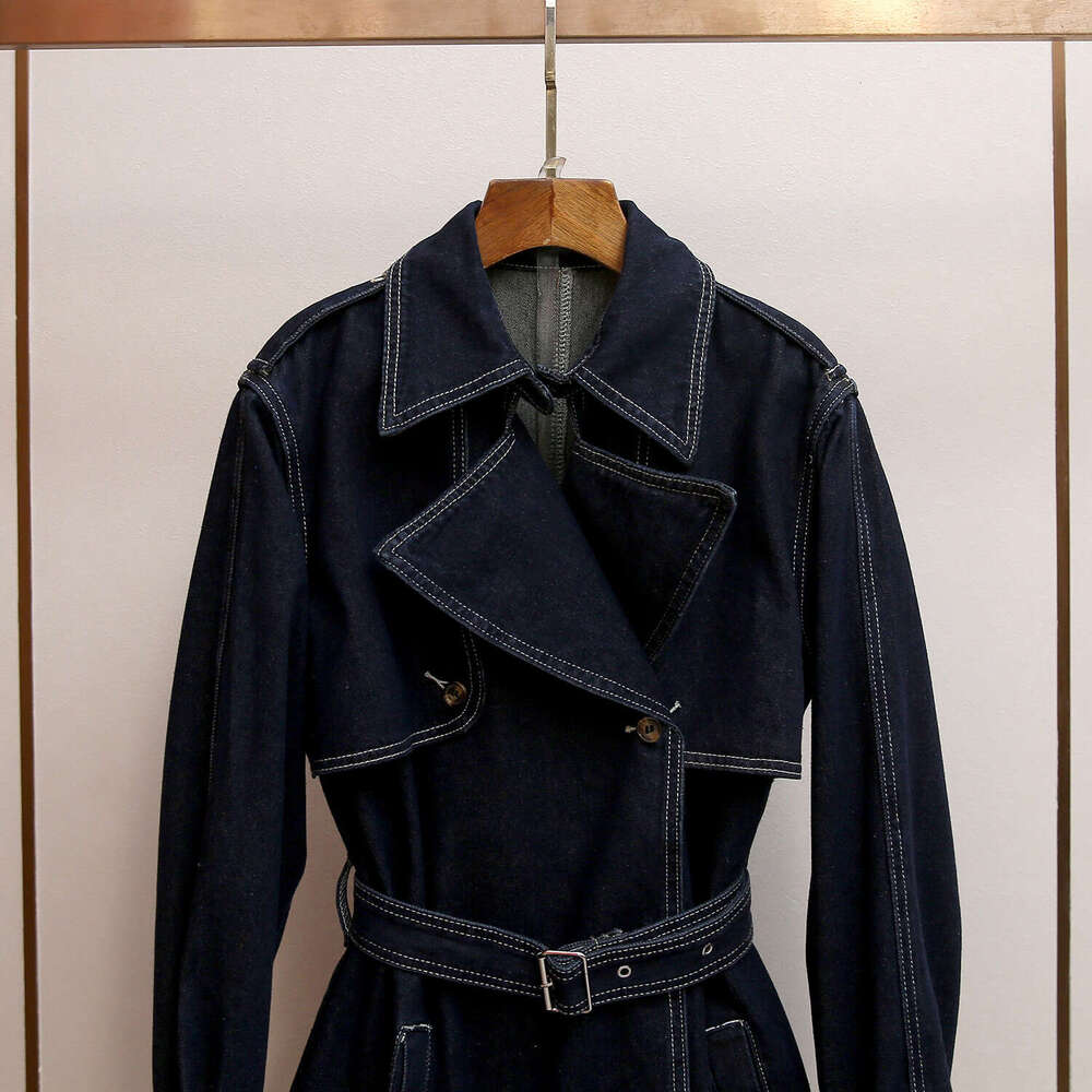 2026 designer autumn and winter new style French retro A13 British elegant double breasted waist long denim trench coat