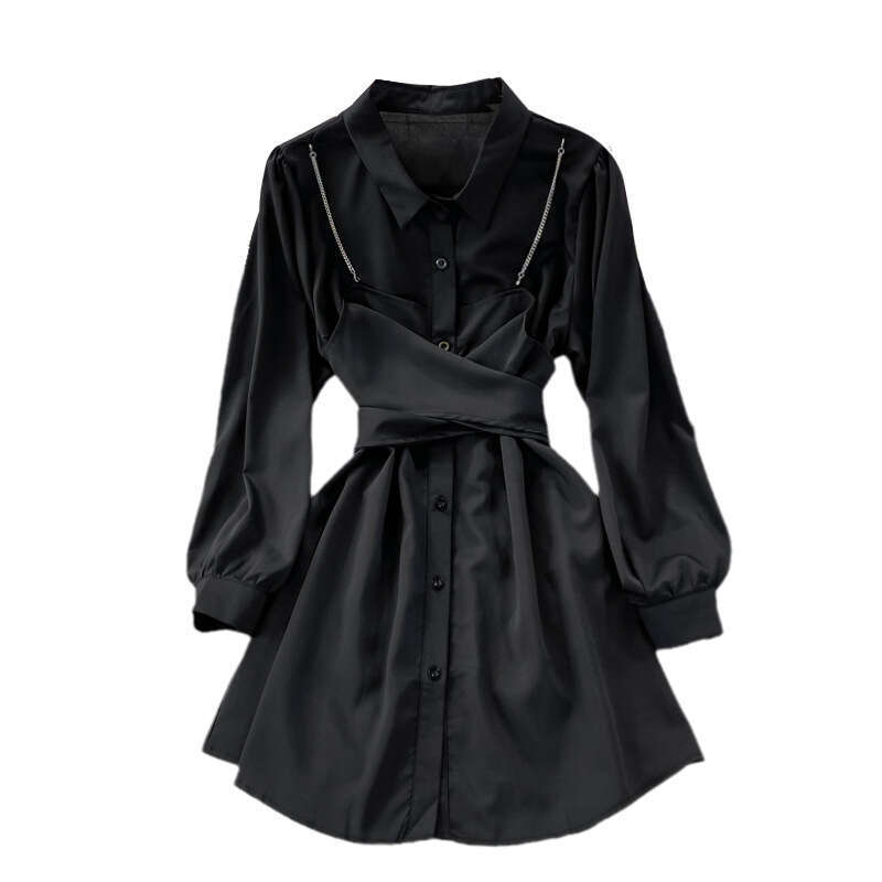 2026 Spring/Autumn Designer Korean Edition New Nichi Elegant Two Piece Tie Waist Long Sleeve Collar Dress