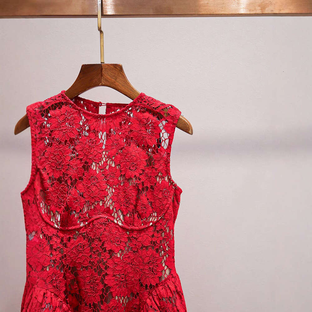 2026 Spring and Summer New High end Social Heavy Lace Hollow A-line Round Neck Sleeveless Women's Long Skirt