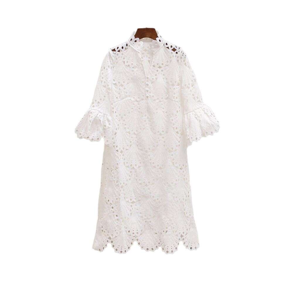 French Spring Women's 2026 New Elegant Hollow Lace Embroidered V-neck White Dress