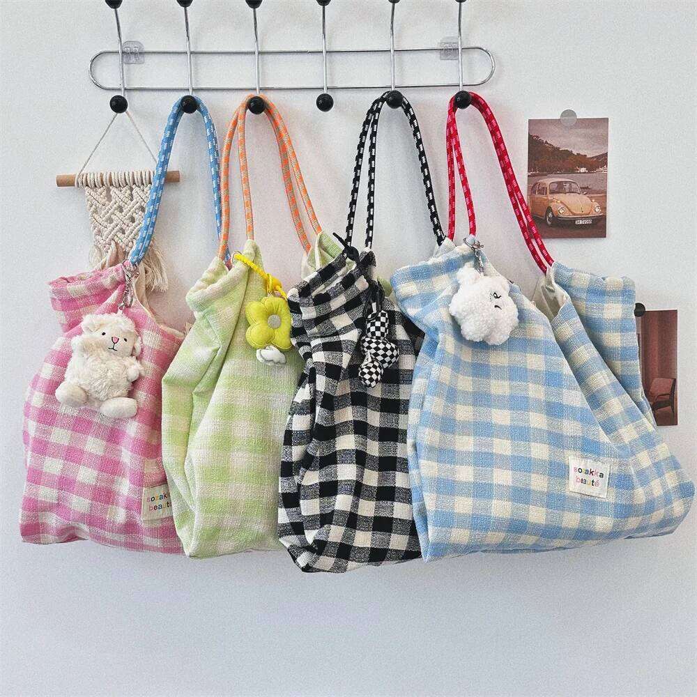 Japanese Style Women Plaid Shoulder Canvas Casual Sling Bag Bow Pattern Large Capacity Female Outdoor Handbag Backpack XJ260306