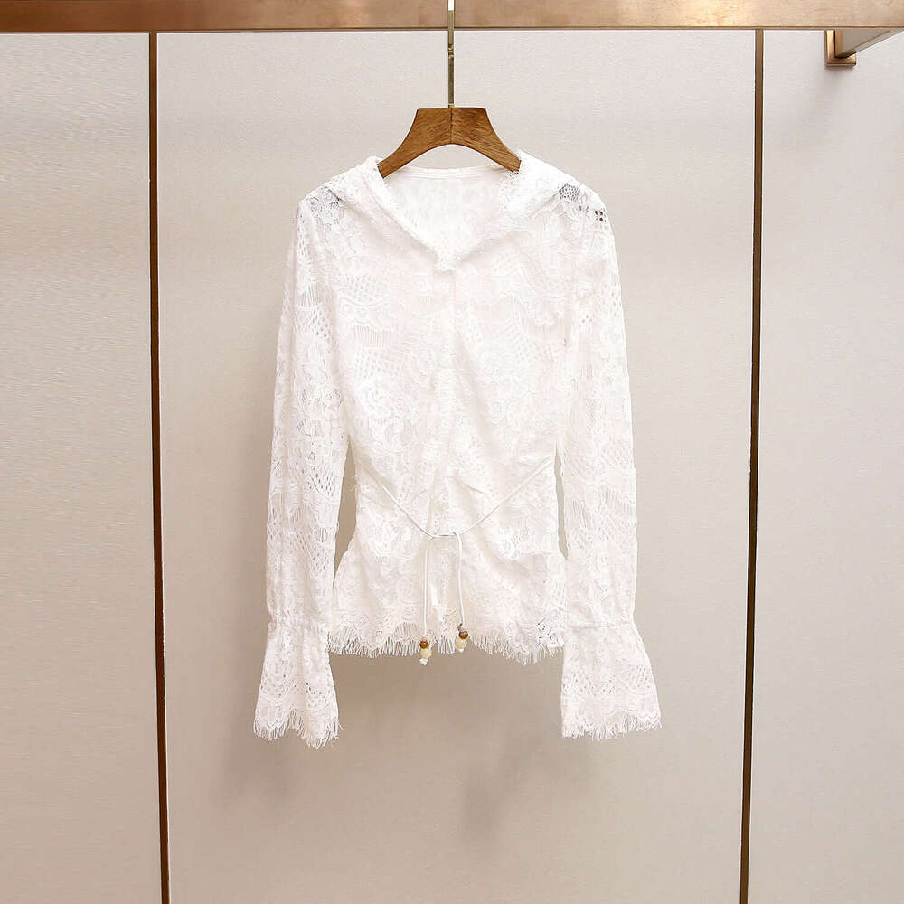 2026 designer high-end women's clothing autumn and winter new item heavy water-soluble lace hooded slim fit women's top