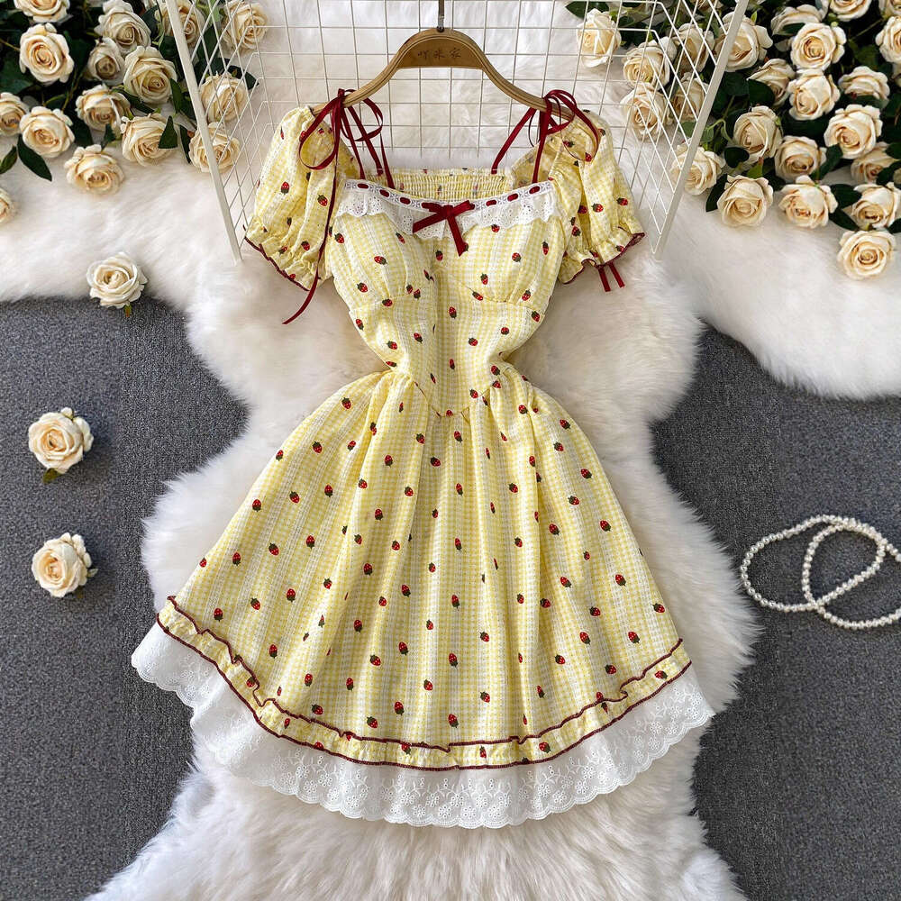 2026 Designer Women's French Plaid Sweet Lace Bordered Square Neck Bubble Sleeves Summer Butterfly End Waist Slimming Dress