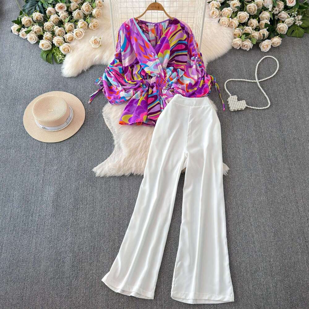 2026 Designer Fashion A13 Women's Casual European and American Style Short Sleeve V-neck Waist Wide Songhua Shirt Two Piece Set