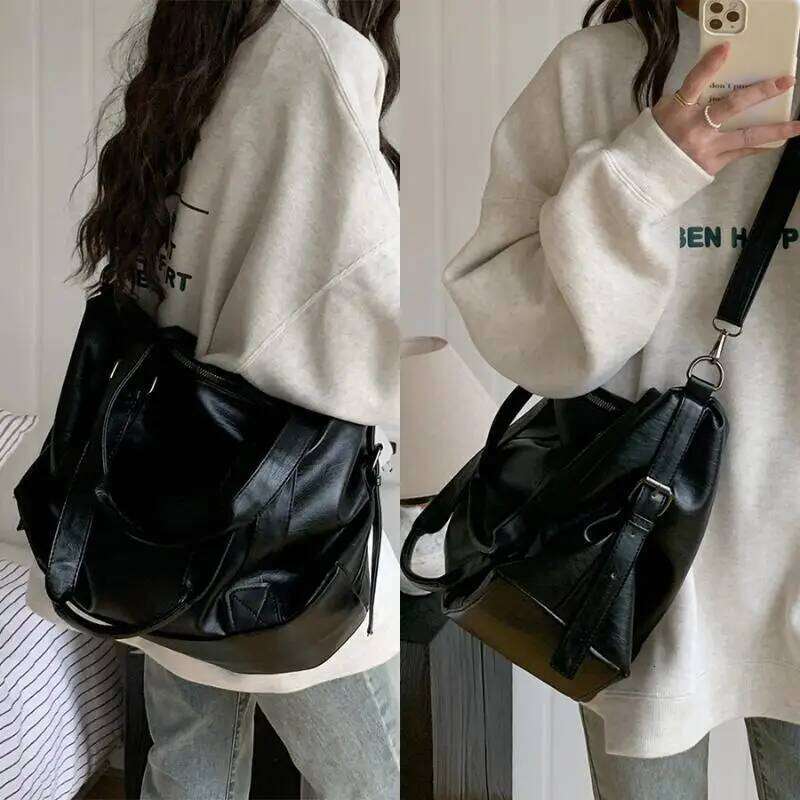 Fashion Simple Tote Black PU Leather Shoulder Crossbody Bag For Women Daily Commuting Bags Travel Storage Pouch XJ260306