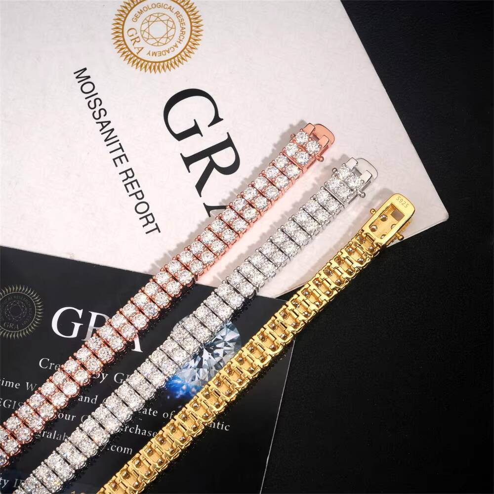 Pass Diamond Tester 6MM Two Rows 925 Silver Iced Out Hip Hop Fire Jewelry Moissanite Diamond Cluster Tennis Chain Bracelet