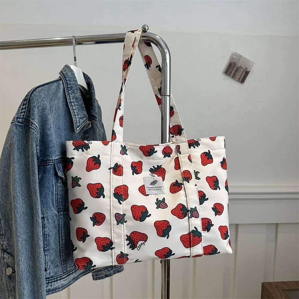 Cute Cherry Strawberry Print Casual Tote Large Capacity Shopping Nylon Aesthetic Handbag Grocery Bag for Women XJ260306