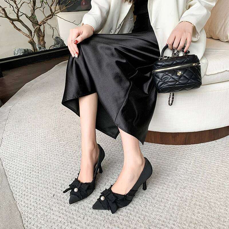 High heels, single shoes, women's pointed bow, pearl, shallow mouth, slim heel, elegant banquet, hundred matching dresses