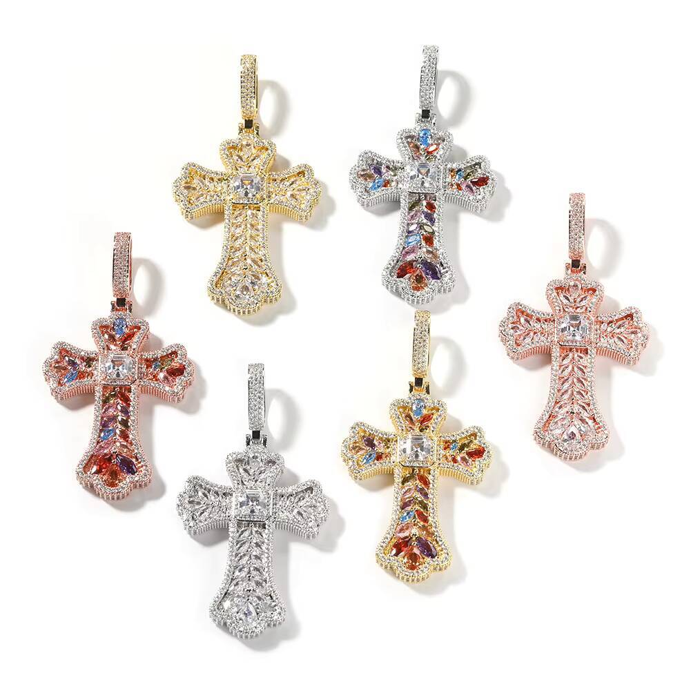 Personalized Fashion New Design Hip Hop Jewelry Colorful Ear of Wheat Shape Rainbow Zircon Cross Pendant Necklace for Women Men