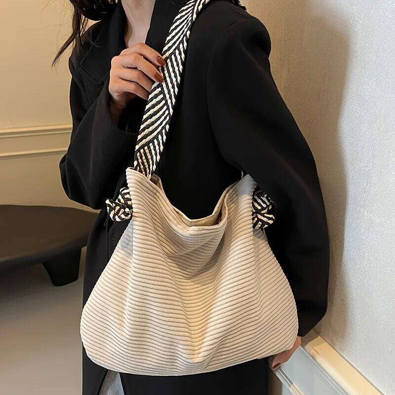 Women's Fashion Corduroy Tote Casual Handbag Shoulder Bag, Large Capacity, Daily Commute, Shopping Bags, Purse Phone Pouch XJ260306