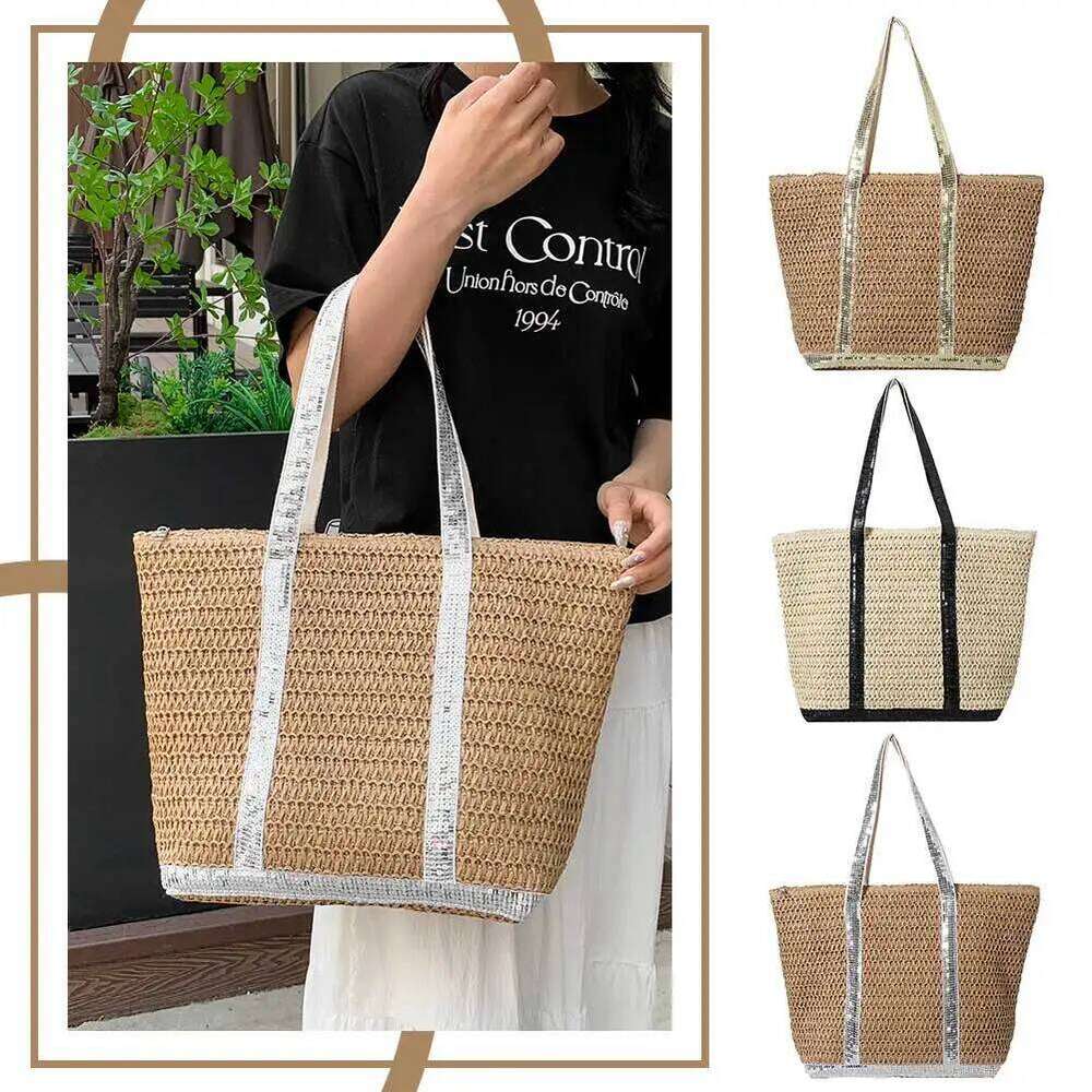 Women Straw Handbag Large Capacity Sequins Weaving Travel Contrast Color Minimalist Tote Ladies Summer Daily Bag XJ260306