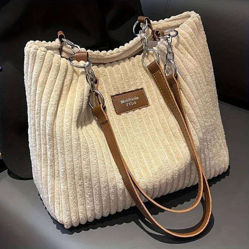 Women's Corduroy Bag, Solid Color Handbag, Fixed Shoulder Strap, Zipper Closure, Large Capacity, Simple and Fashion XJ260306