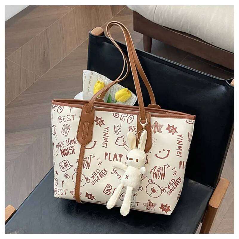 Womens New Cute Cartoon Print Single-shoulder Spring Summer Versatile And Trendy Tote Bag White Color Simple Fashion XJ260306