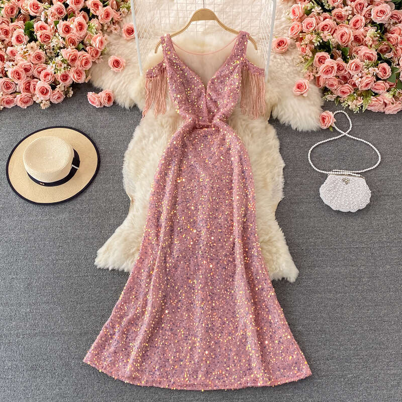 2026 A12 designer banquet elegant sequins suitable for high-end hosts with queen temperament V-neck long skirt and fish tail tight skirt