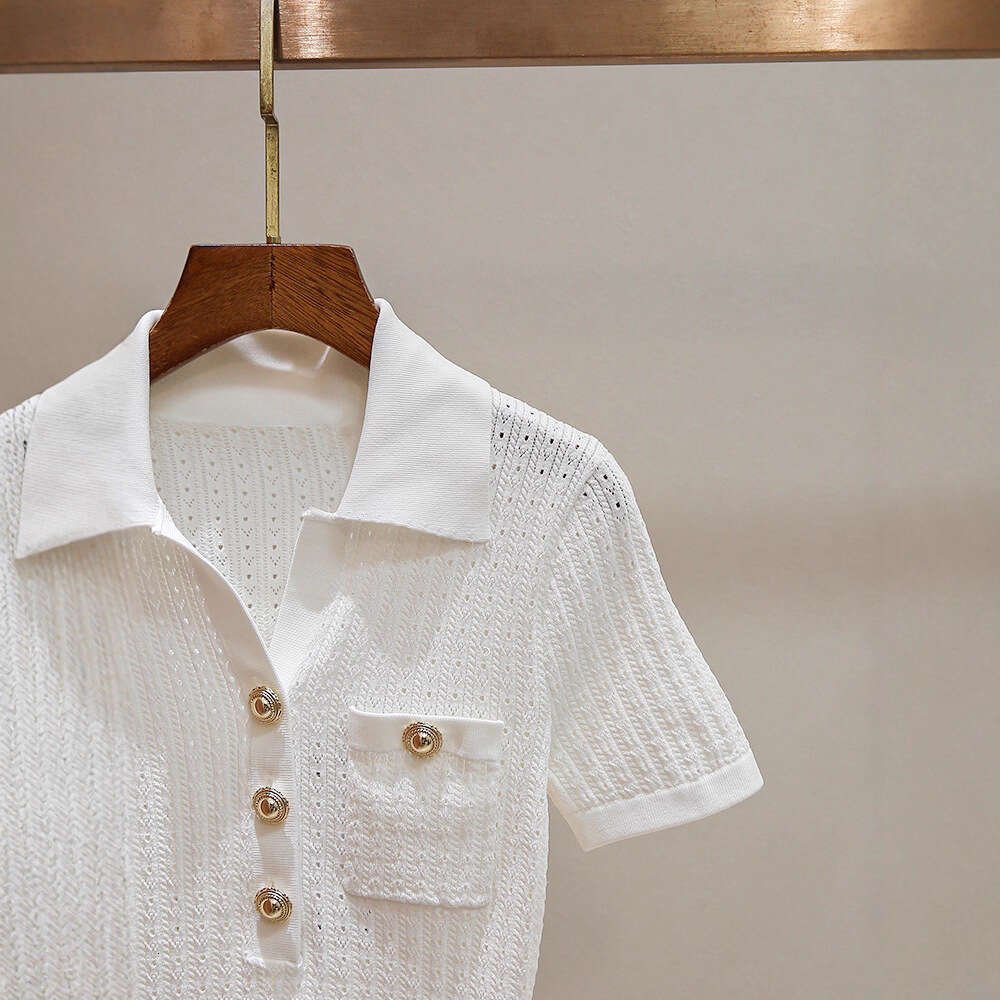 2026 Summer Age Reducing Multi functional Crochet Hook Hollow Regular Shoulder Sleeve Flip Collar Slimming Women's Knitted Short Top