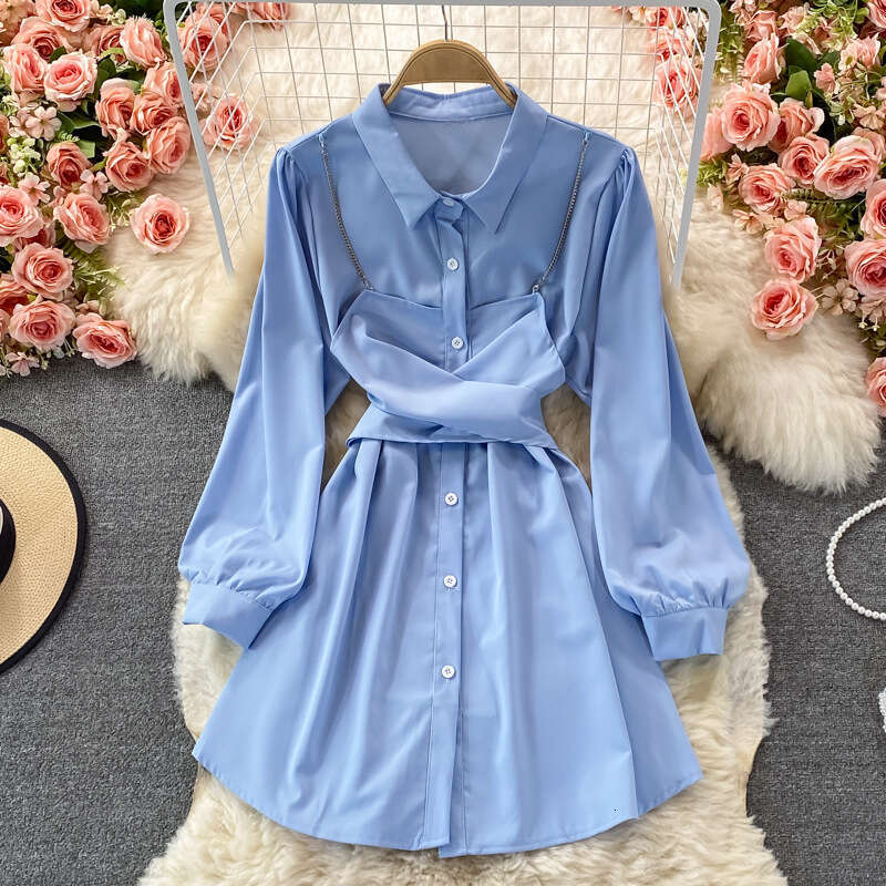 2026 Spring/Autumn Designer Korean Edition New Nichi Elegant Two Piece Tie Waist Long Sleeve Collar Dress
