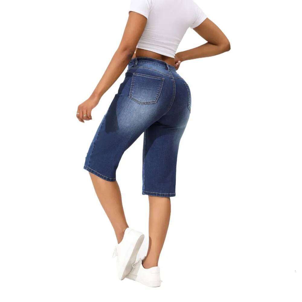 Mid-length Washed Ripped High Waist Jeans. New Summer Casual and Loose Comfortable Straight-leg Seven-inch Jeans for Women XJ260306