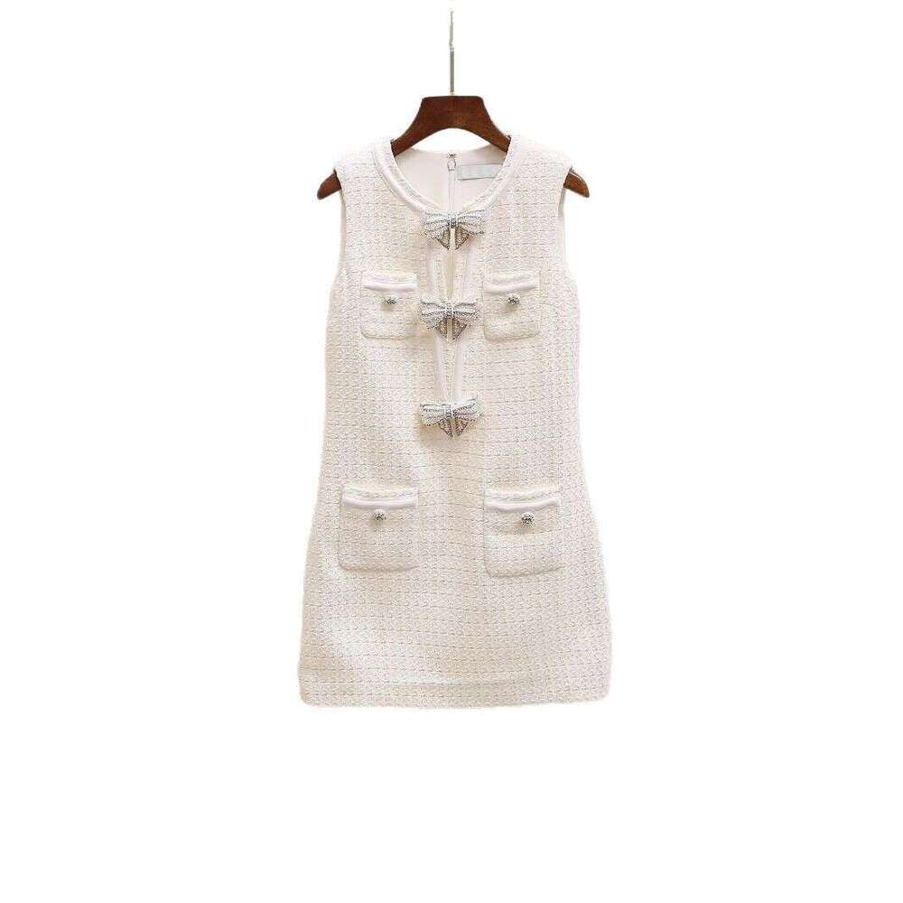 2026 Spring/Summer New French Elegant Social Bead Bow Checkered Tank Top Dress