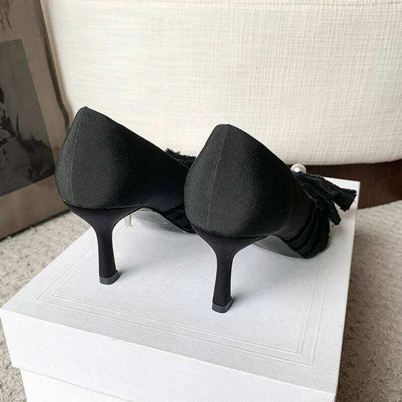 High heels, single shoes, women's pointed bow, pearl, shallow mouth, slim heel, elegant banquet, hundred matching dresses