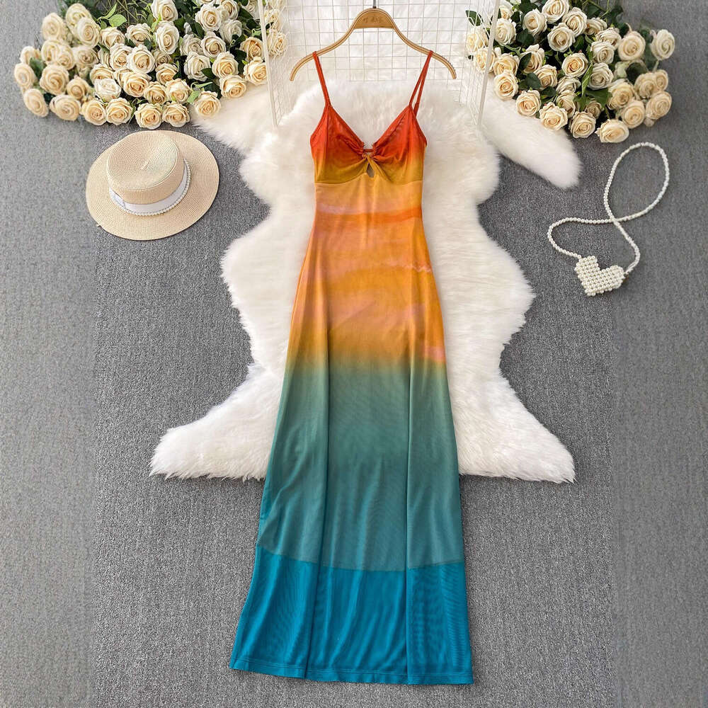 2026 vacation style sexy V-neck women's vest summer high-end gradient color slim fit pure desire A12 mesh dress