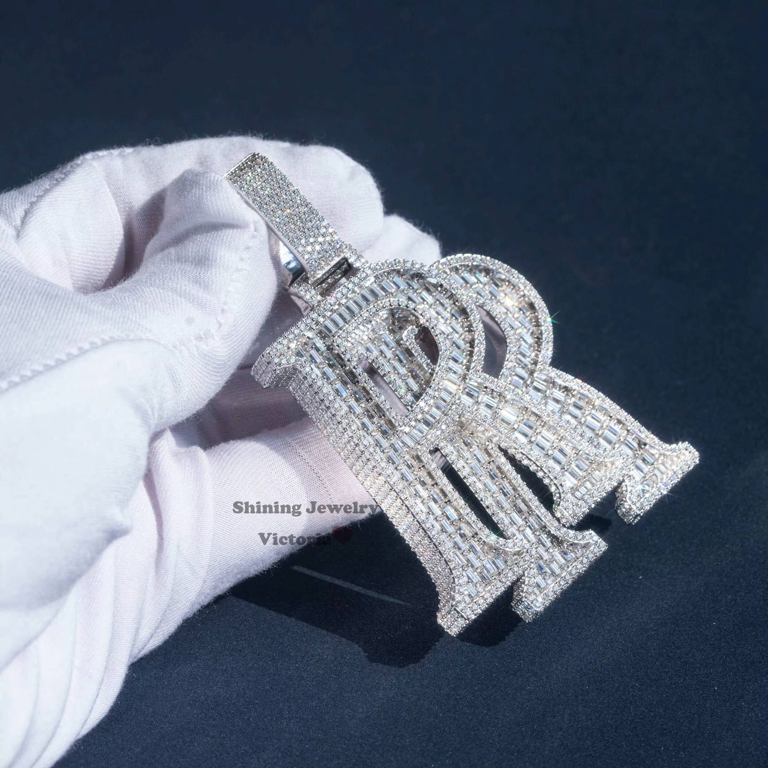 18K WhitePlating 25 Iced Out VVS Moissanite Pendant Hip Hop Rapper Jewelry Double R Initial Pendant With Cuban Chain
