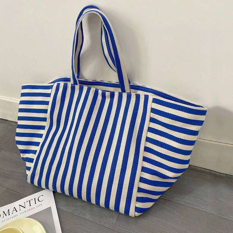 Large Capacity Canvas Shoulder Bag Simple Striped Women's Shopper Tote Casual Multifunctional Travel Top-Handle Handbag XJ260306