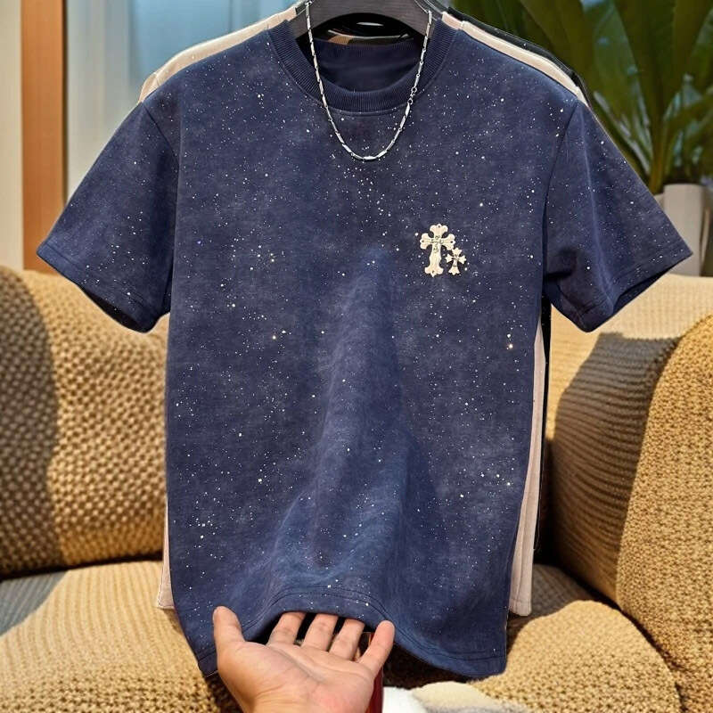 New Fashion Starry Sky Round Neck Short Sleeve Men's T-Shirt With Cross Print Casual Slim Fit Versatile Top Luanyun