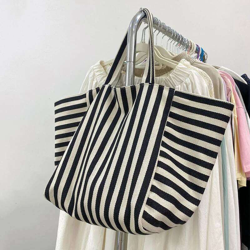 Large Capacity Canvas Shoulder Bag Simple Striped Women's Shopper Tote Casual Multifunctional Travel Top-Handle Handbag XJ260306
