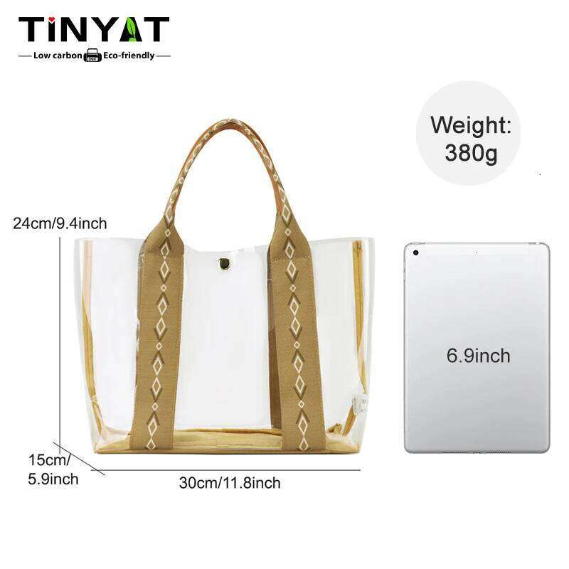 TINYAT Khaki Bohemian Style Clear PVC Tote Bag Women, Transparent Shopper Clutch Purse for Daily Use and Music Festivals XJ260306